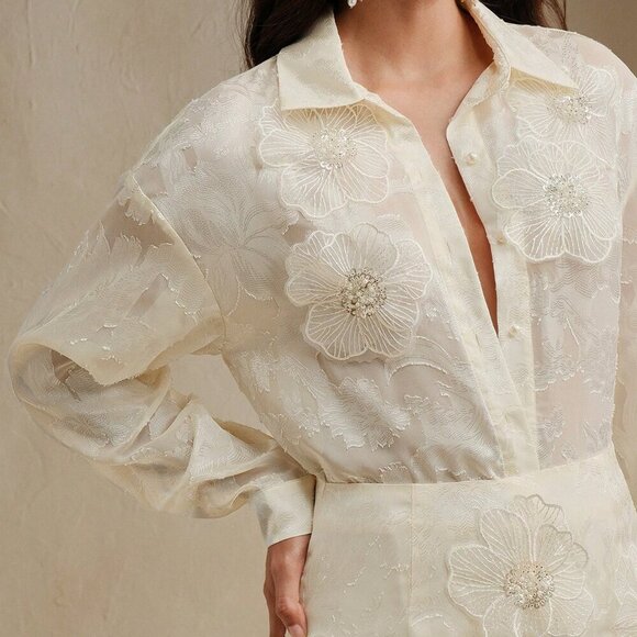 Elegant Women's 3d Flower Embellished Long Sleeve Blouse & Skirt set - Picture 2 of 7